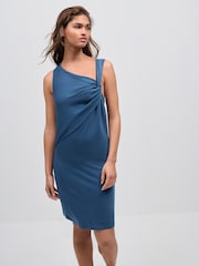 Navy Blue Twist Neck Slinky Mini Dress - Image 1 of 6