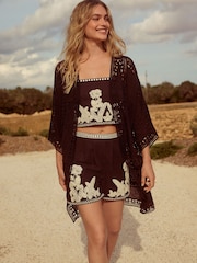 Black Crochet Longline Kimono Cover-Up - Image 1 of 4