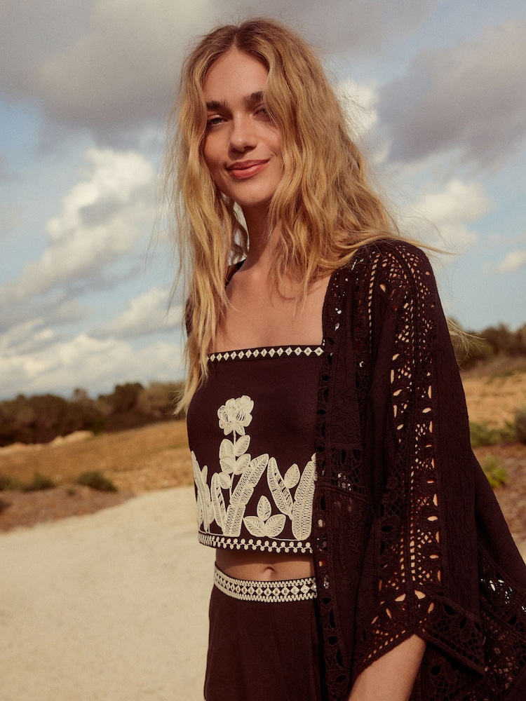 Black Crochet Longline Kimono Cover-Up - Image 3 of 4