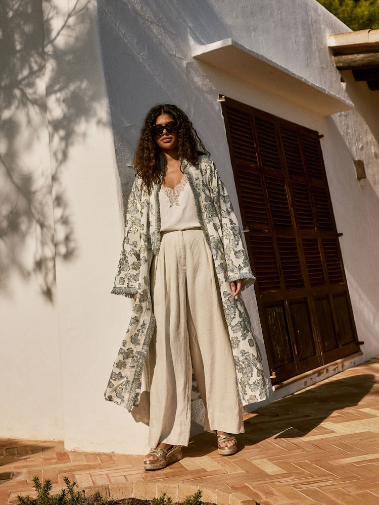 Blue/Gold Fil coupé Longline Kimono Cover-Up - Image 1 of 9