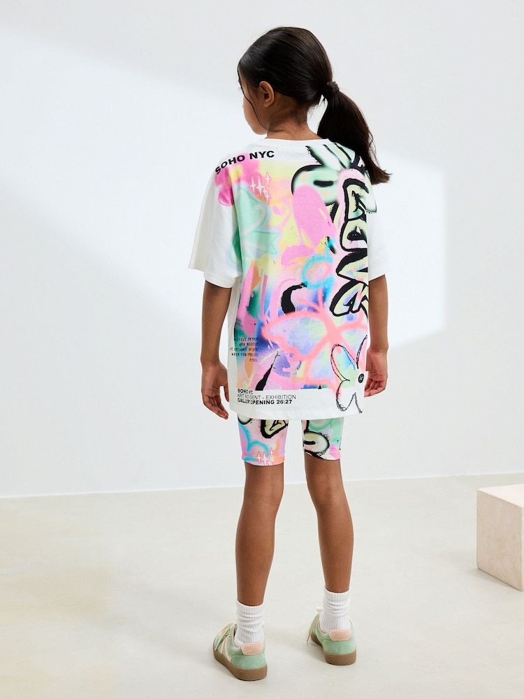 White Graffiti Oversized T-Shirt Cycle Top and Shorts Set (3-16yrs) - Image 2 of 8