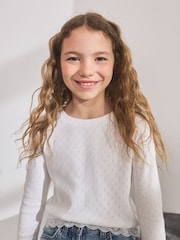 Weiß - Langärmliges Rippentop mit Pointelle-Spitzenbesatz (3-16Jahre) - Bild 1 von 8