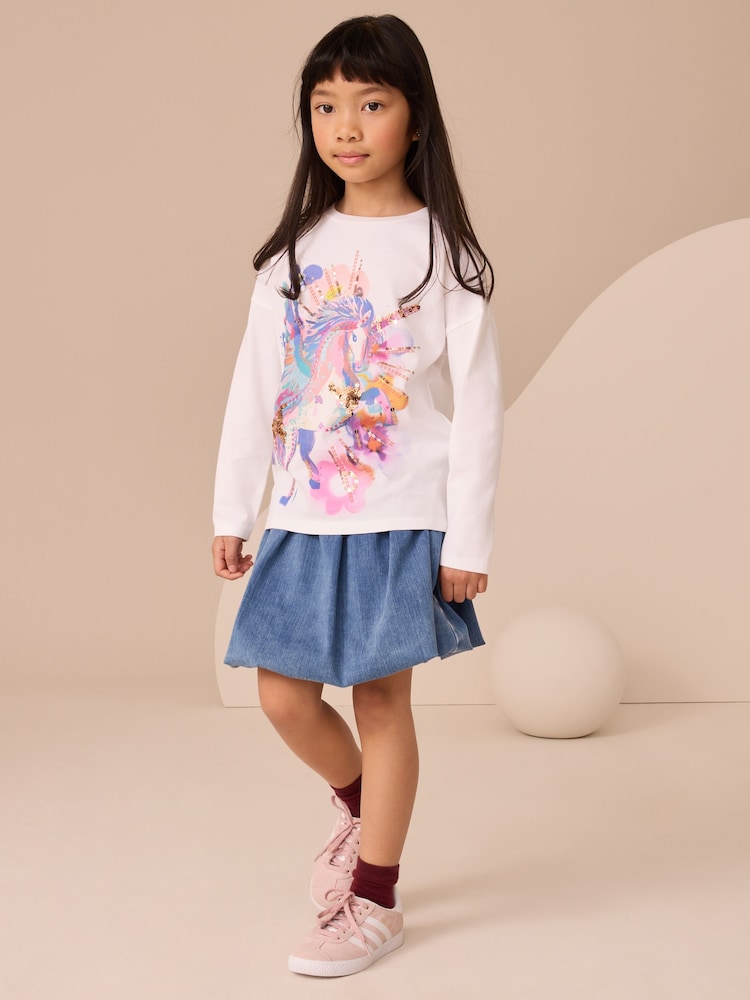 White Unicorn Print Long Sleeve Sequin Top (3-16yrs) - Image 2 of 7