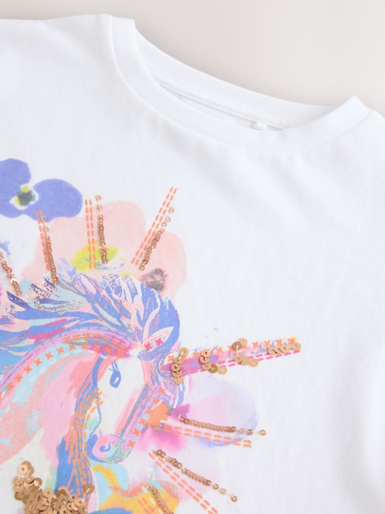 White Unicorn Print Long Sleeve Sequin Top (3-16yrs) - Image 7 of 7