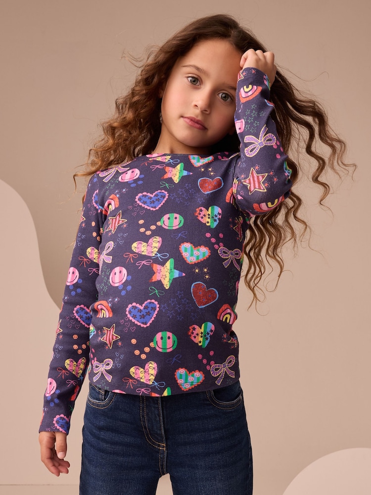 Navy Star Long Sleeve Ribbed Top (3-16yrs) - Image 1 of 7