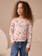 Light Pink Floral Long Sleeve Ribbed Top (3-16yrs) - Image 1 of 7