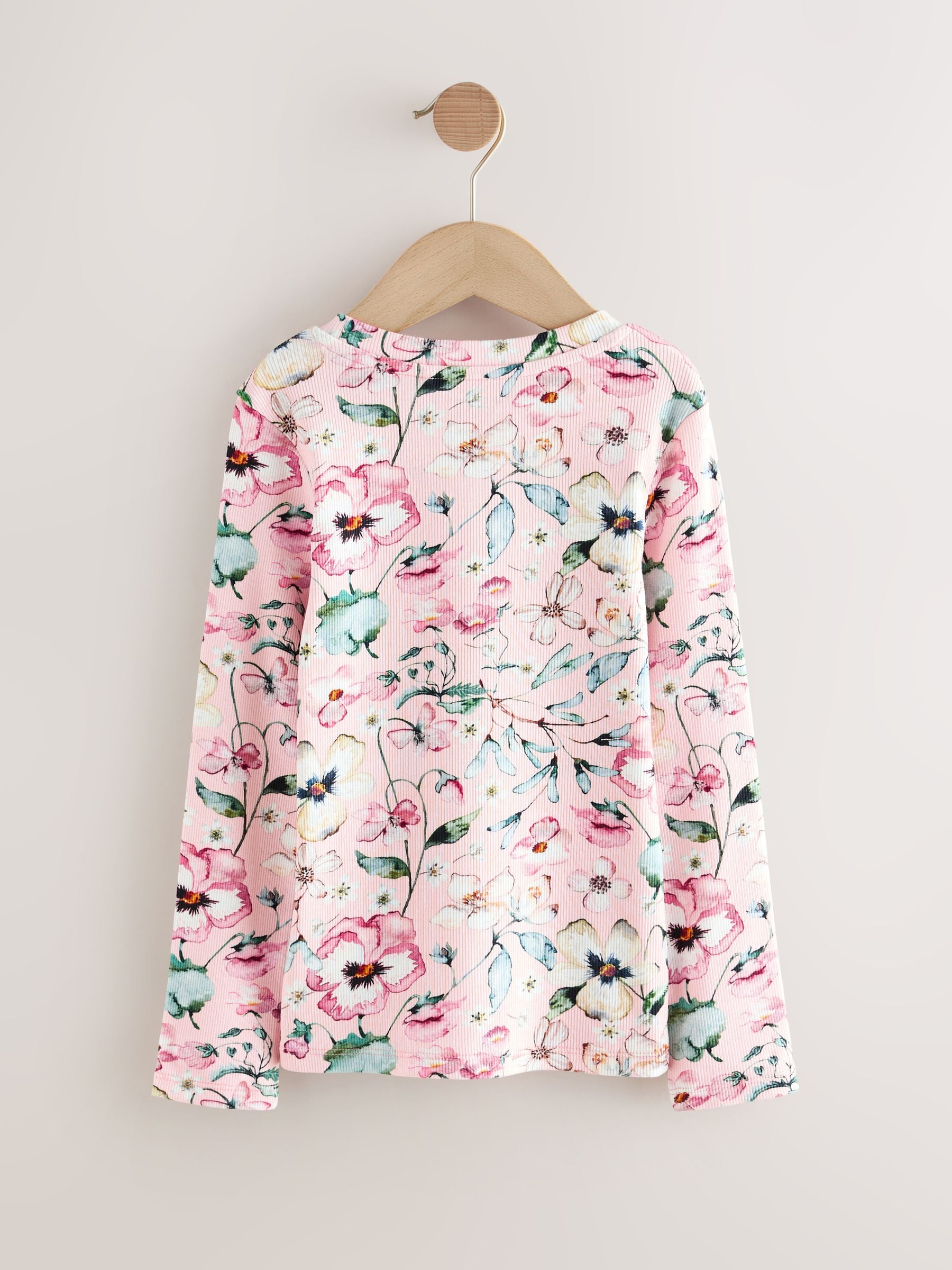 Buy Light Pink Floral Long Sleeve Ribbed Top (3-16yrs) from Next USA