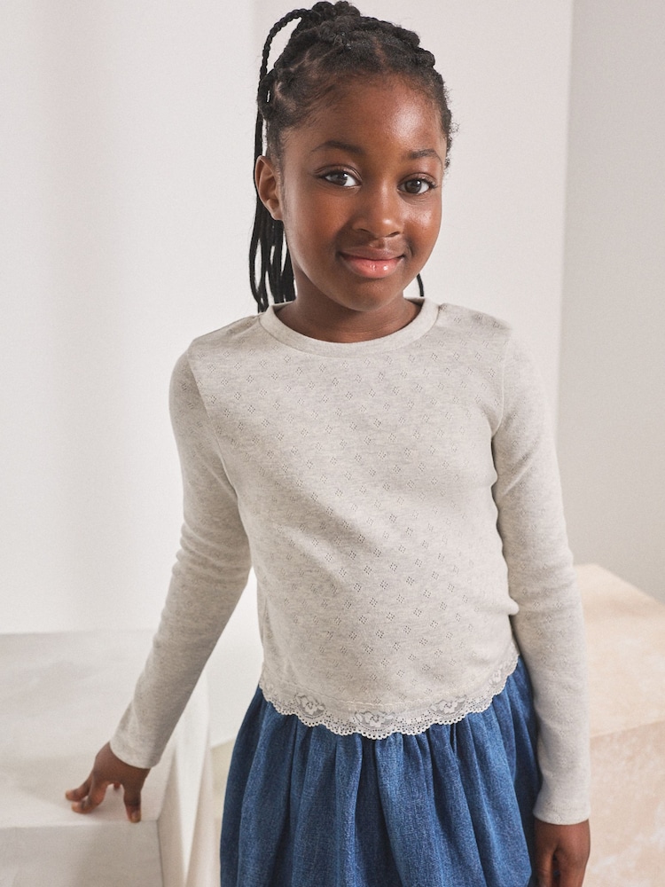 Grau - Langärmliges Rippentop mit Pointelle-Spitzenbesatz (3-16Jahre) - Bild 1 von 7