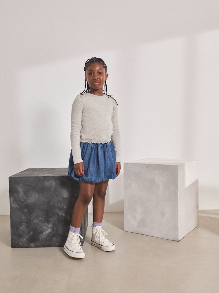 Grey Pointelle Lace Trim Long Sleeve Rib Top (3-16yrs) - Image 2 of 7 Grey Pointelle Lace Trim Long Sleeve Rib Top (3-16yrs) - Image 2 of 7