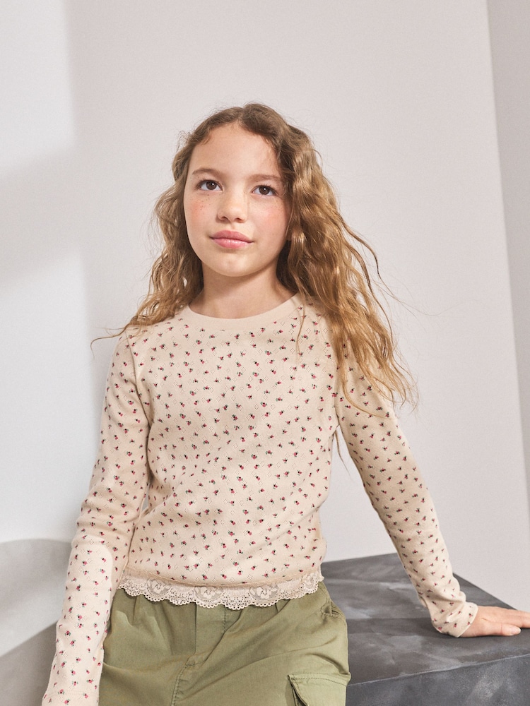 Gänseblümchenmuster, Pink - Langärmliges Rippentop mit Pointelle-Spitzenbesatz (3-16Jahre) - Bild 1 von 4