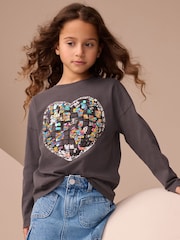 Charcoal Grey Heart Long Sleeve Sequin Top (3-16yrs) - Image 1 of 7