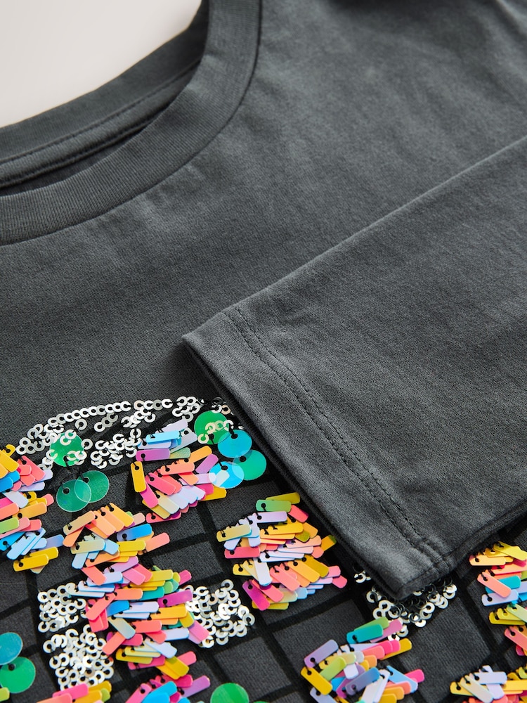 Charcoal Grey Heart Long Sleeve Sequin Top (3-16yrs) - Image 7 of 7
