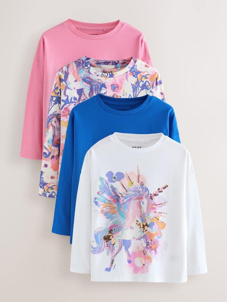 Pink/Blue Unicorn Long Sleeve Tops 4 Pack (3-16yrs) - Image 1 of 14