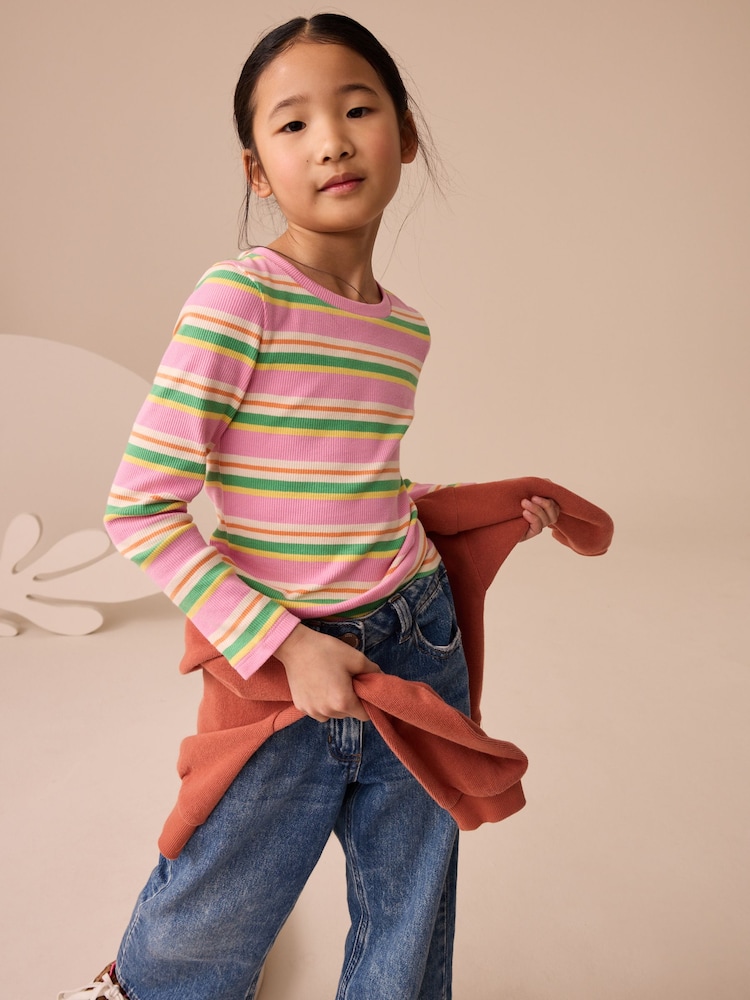 Pink/Orange Long Sleeve Ribbed T-Shirts 4 Pack (3-16yrs) - Image 1 of 11