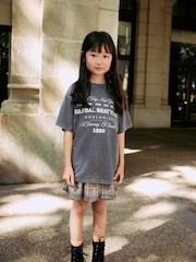 Charcoal Grey Oversized T-Shirt Check Skirt Set (3-16yrs) - Image 1 of 11