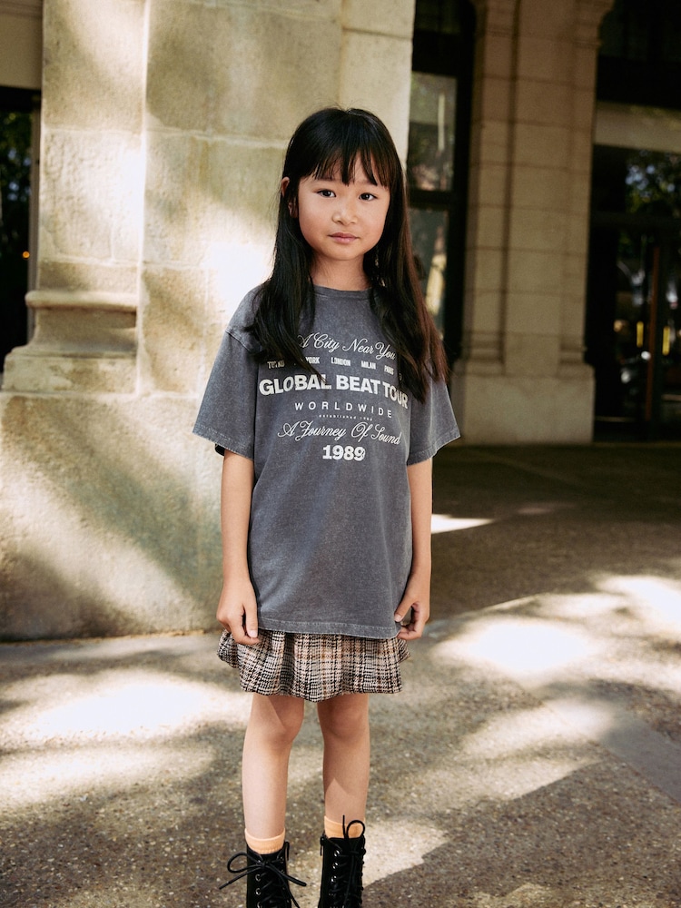Charcoal Grey Oversized T-Shirt Check Skirt Set (3-16yrs) - Image 1 of 11