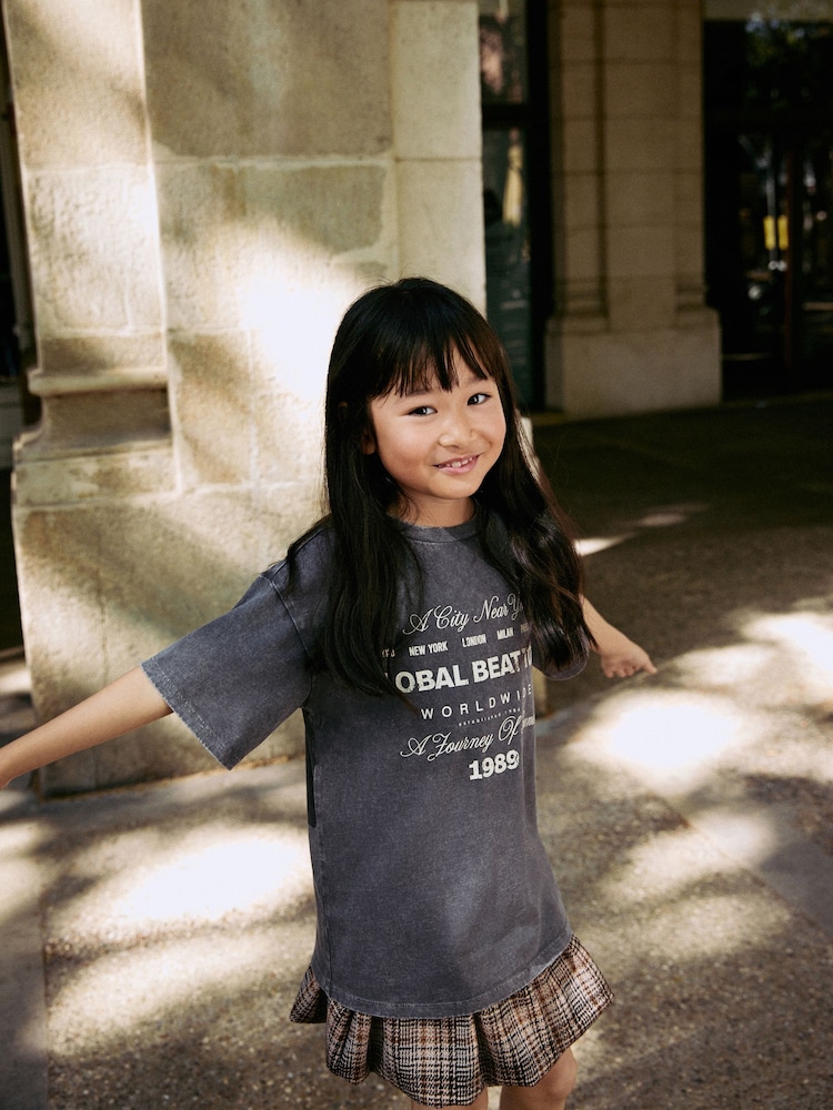 Charcoal Grey Oversized T-Shirt Check Skirt Set (3-16yrs) - Image 2 of 11