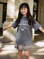 Charcoal Grey Oversized T-Shirt Check Skirt Set (3-16yrs) - Image 3 of 11