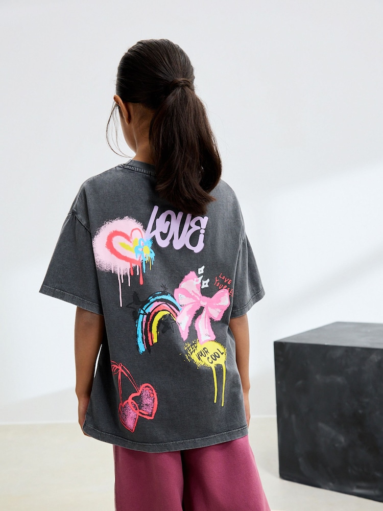 Charcoal Graffiti Oversized Graphic Print T-Shirt (3-16yrs) - Image 1 of 8