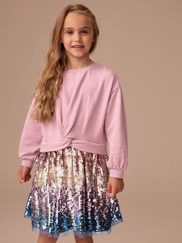 Pink Long Sleeve Sequin Skirt Dress (3-12yrs) - Image 1 of 8