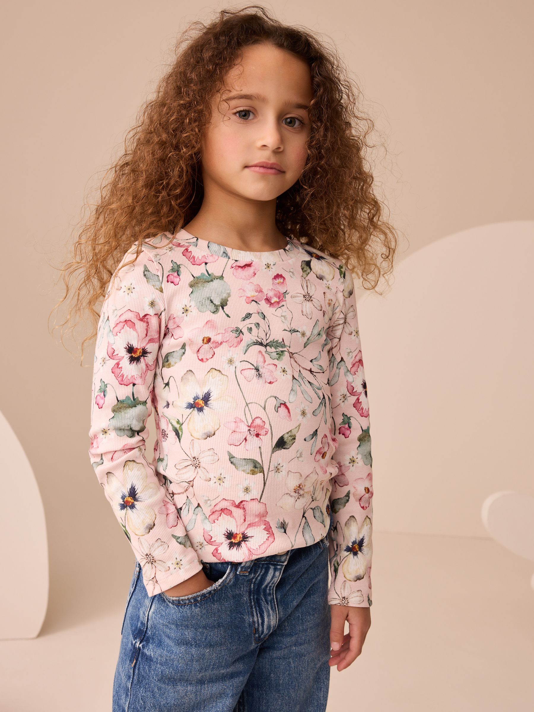 Buy Pink Floral Print Long Sleeve Ribbed T-Shirts 4 Pack (3-16yrs