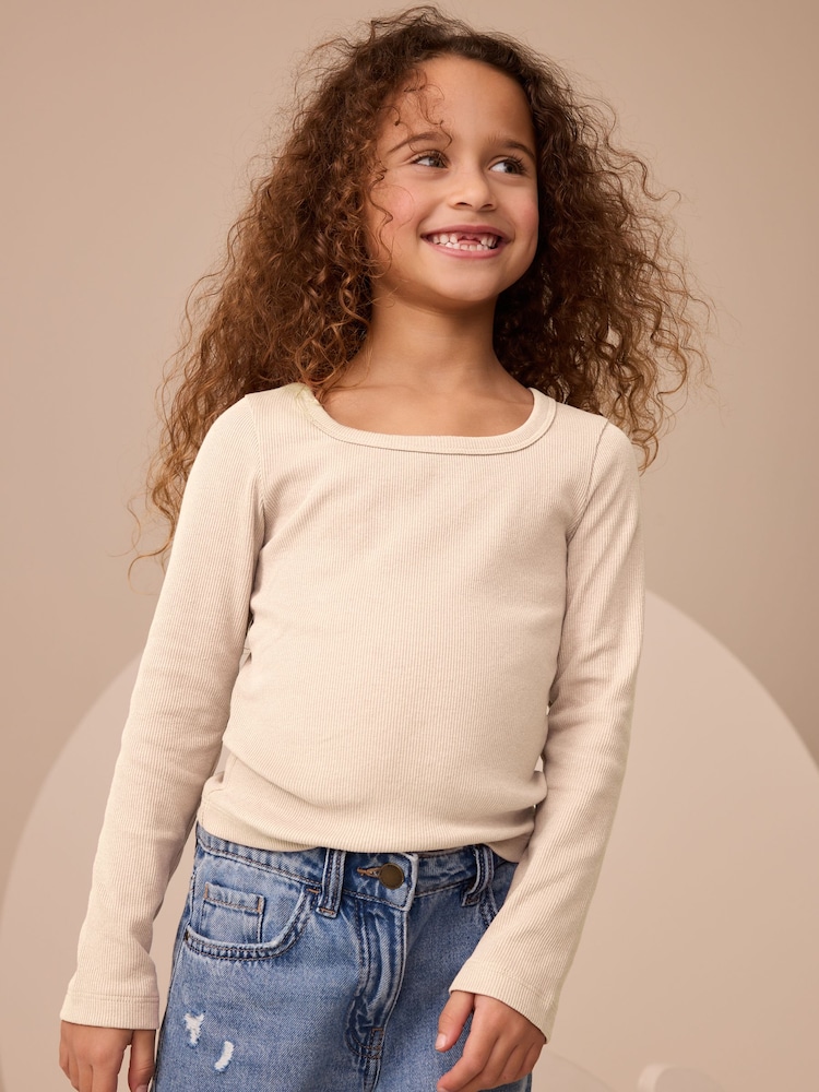 Oatmeal Long Sleeve Scoop Neck Rib T-Shirt (3-16yrs) - Image 1 of 7