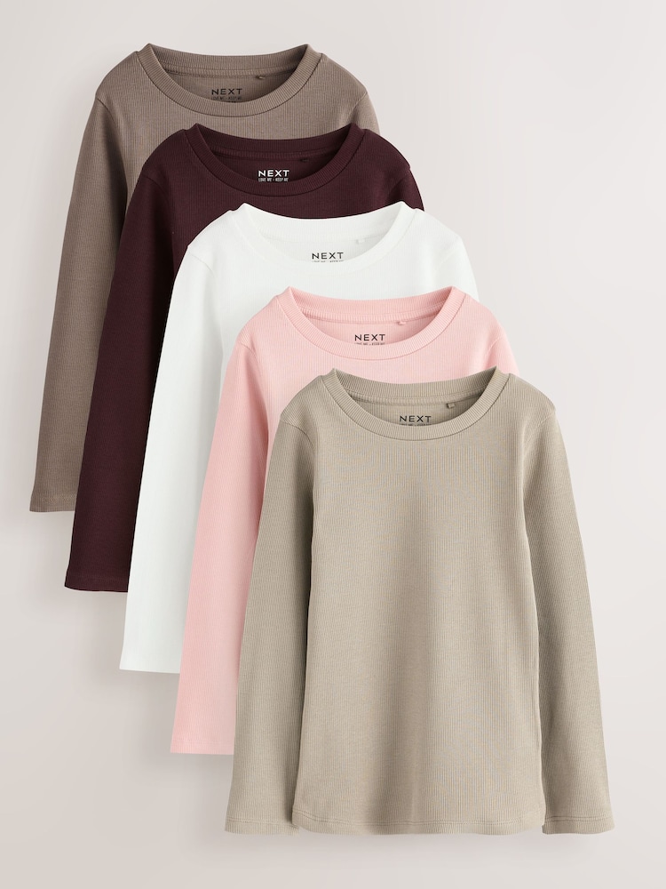 Neutral Ribbed Long Sleeve Tops 5 Pack (3-16yrs) - Image 1 of 9 Neutral Ribbed Long Sleeve Tops 5 Pack (3-16yrs) - Image 1 of 9