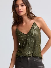 Green Khaki Sequin Fringed V-Neck Camisole - Image 1 of 8
