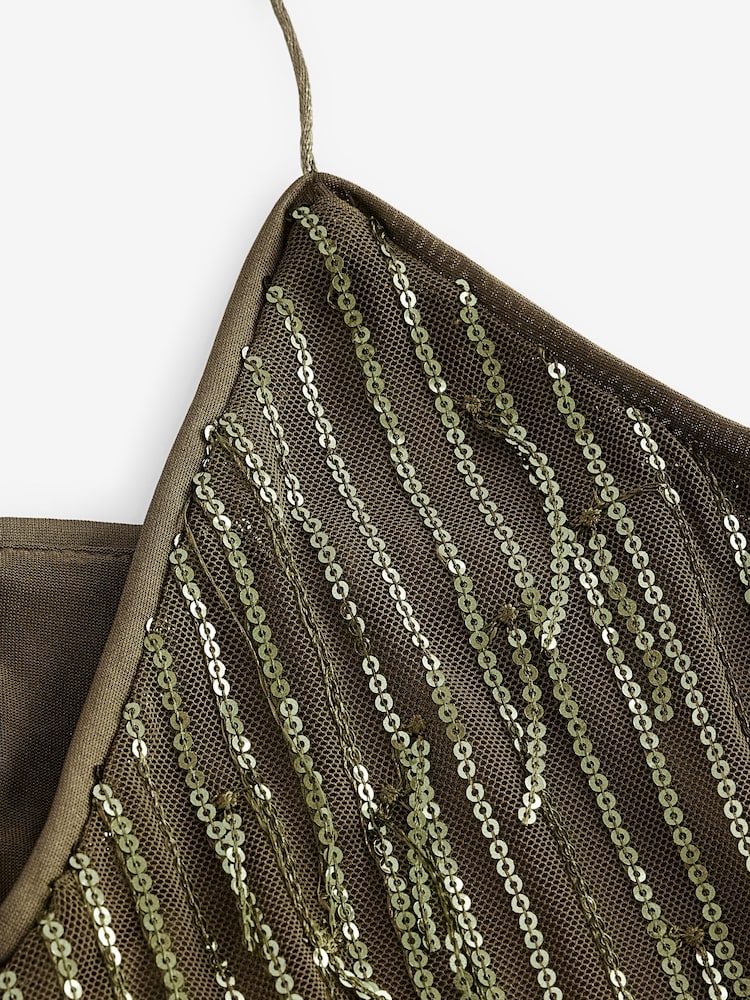 Green Khaki Sequin Fringed V-Neck Camisole - Image 8 of 8