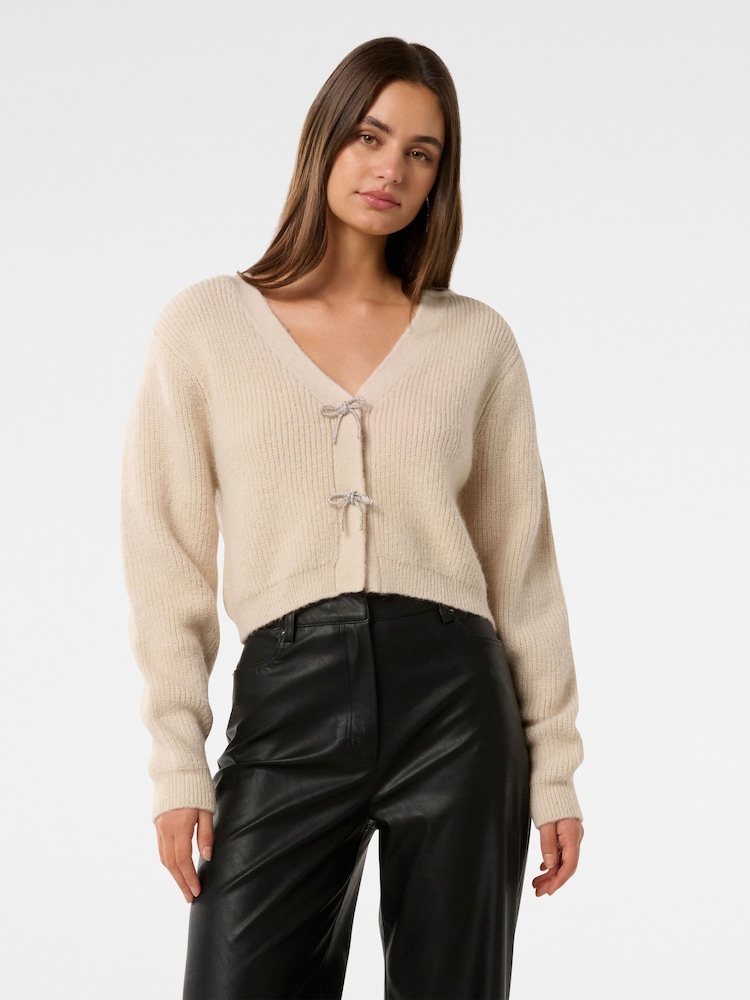 Forever New Natural Dana Bow Detail Fluffy Cardigan - Image 1 of 5