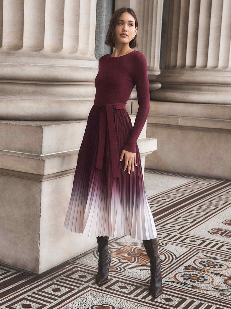 Forever New Purple Harmony Crew Ombre Pleated Midi Dress - Image 1 of 4
