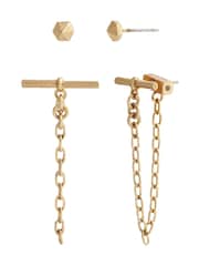 AllSaints Gold Tone Toggle Bar Front Back Earrings Set - Image 1 of 5