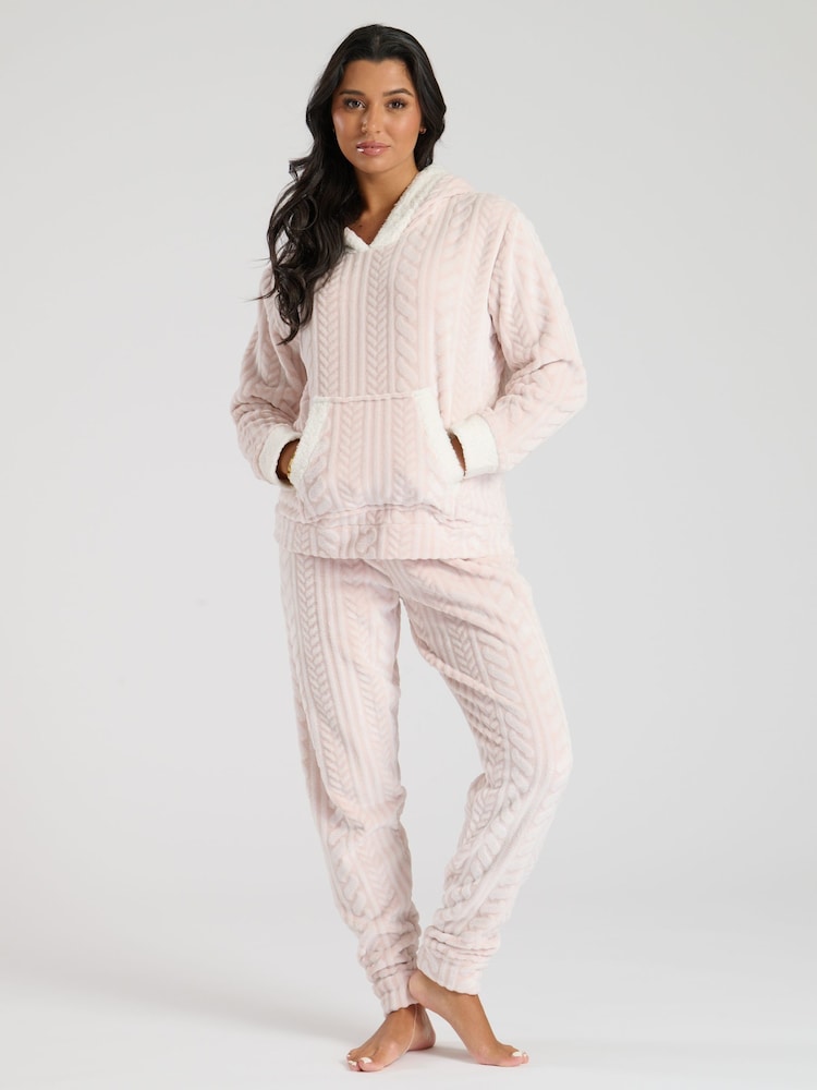 Loungeable Pink Cable Cut Luxury Fleece Hooded Ears Twosie Fleece - Image 3 of 6