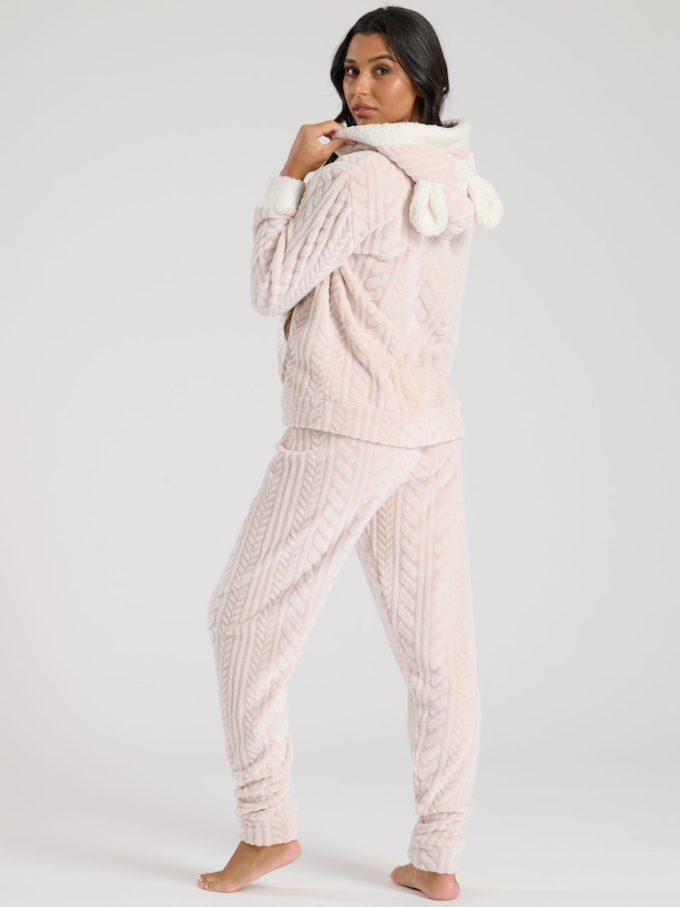 Loungeable Pink Cable Cut Luxury Fleece Hooded Ears Twosie Fleece - Image 4 of 6
