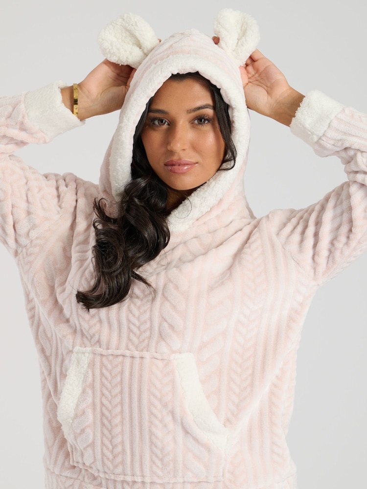 Loungeable Pink Cable Cut Luxury Fleece Hooded Ears Twosie Fleece - Image 5 of 6