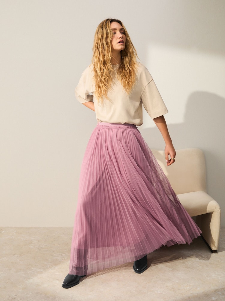 Pink Pleated Mesh Tulle Maxi Skirt - Image 1 of 7 Pink Pleated Mesh Tulle Maxi Skirt - Image 1 of 7