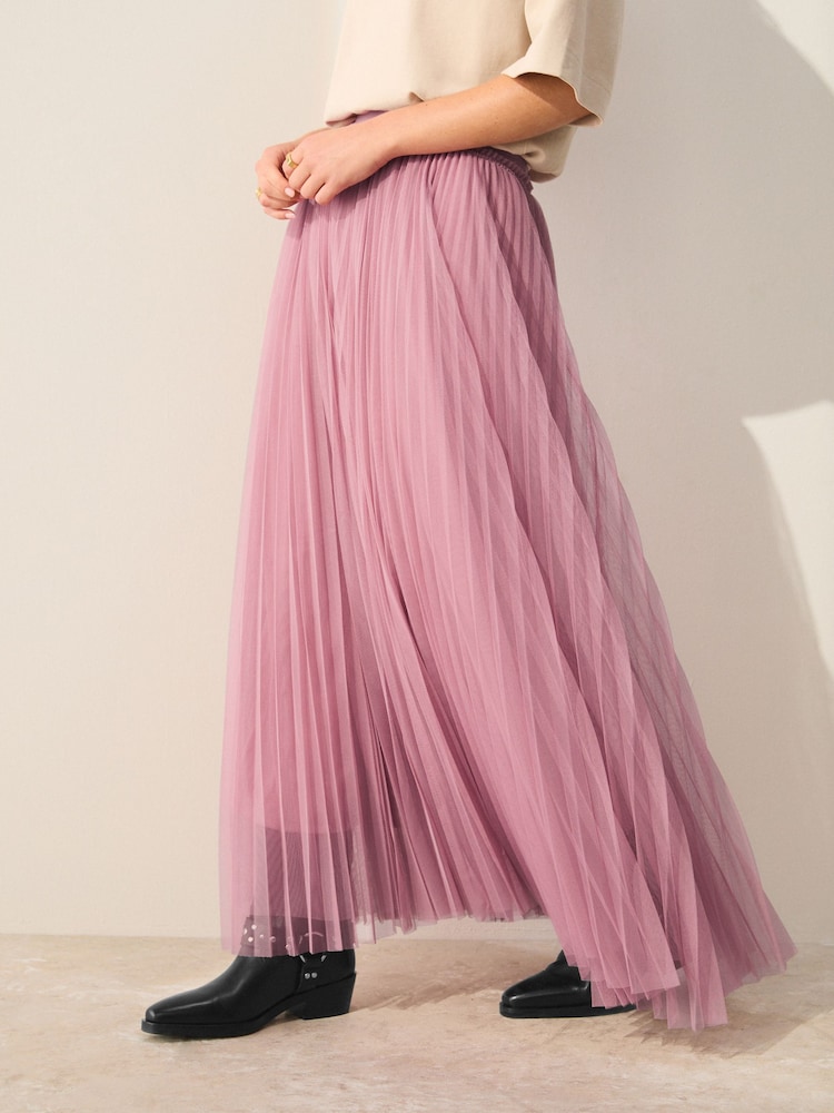 Pink Pleated Mesh Tulle Maxi Skirt - Image 2 of 7 Pink Pleated Mesh Tulle Maxi Skirt - Image 2 of 7