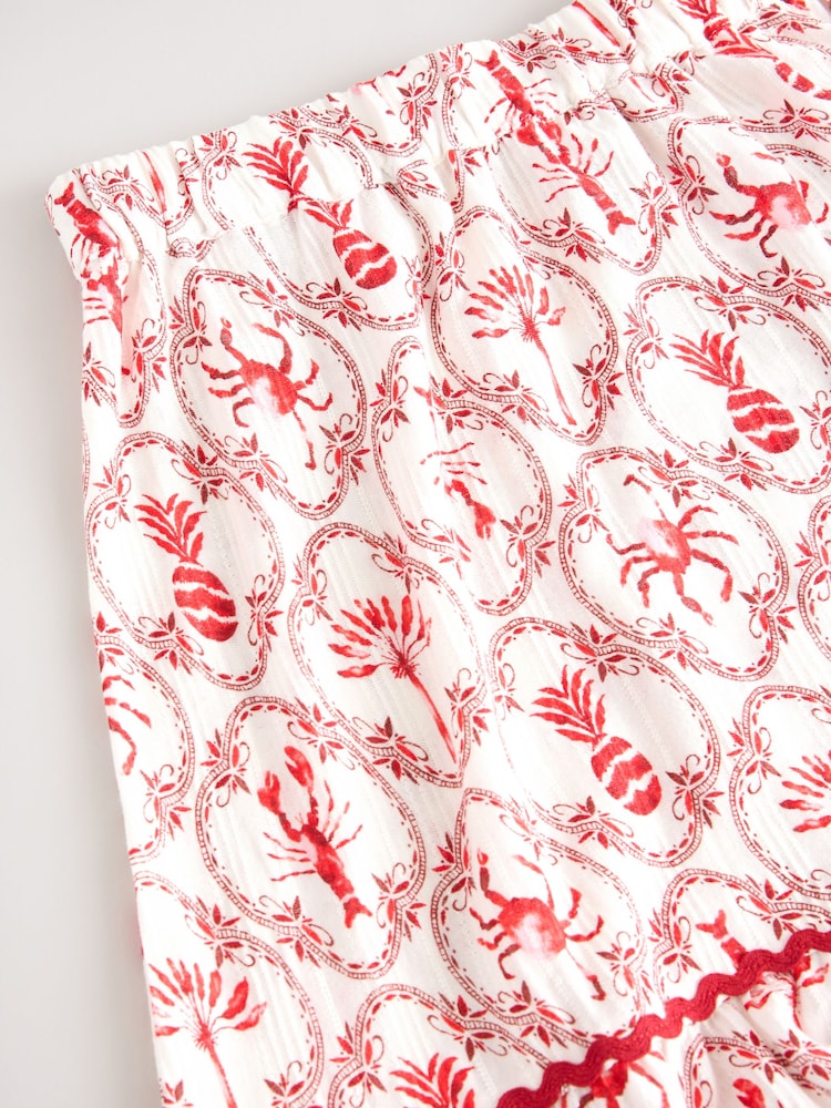 Ecru/Red Lobster Print 100% Cotton Tiered Maxi Skirt - Image 3 of 3
