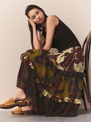 Brown Tiered Printed Maxi Skirt - Image 1 of 8