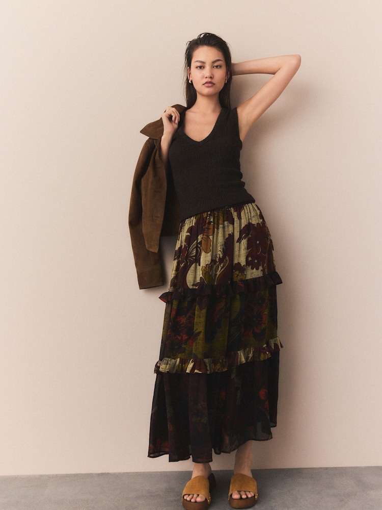 Brown Tiered Printed Maxi Skirt - Image 2 of 8