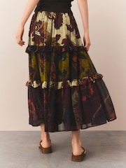 Brown Tiered Printed Maxi Skirt - Image 4 of 8