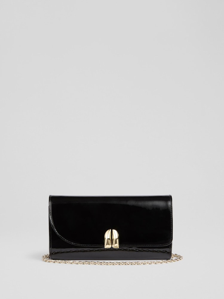 LK Bennett Black Florence Patent Curve Flap Clutch Bag - Image 1 of 3 LK Bennett Black Florence Patent Curve Flap Clutch Bag - Image 1 of 3