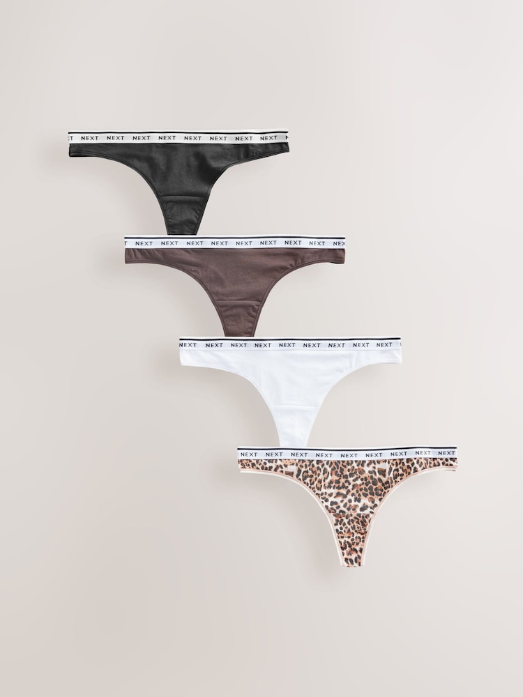 Leopard Print Thong Logo Knickers 4 Pack - Image 1 of 7