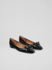 LK Bennett Black Mabel Nappa Leather Eyelet Bow Flats - Image 2 of 4