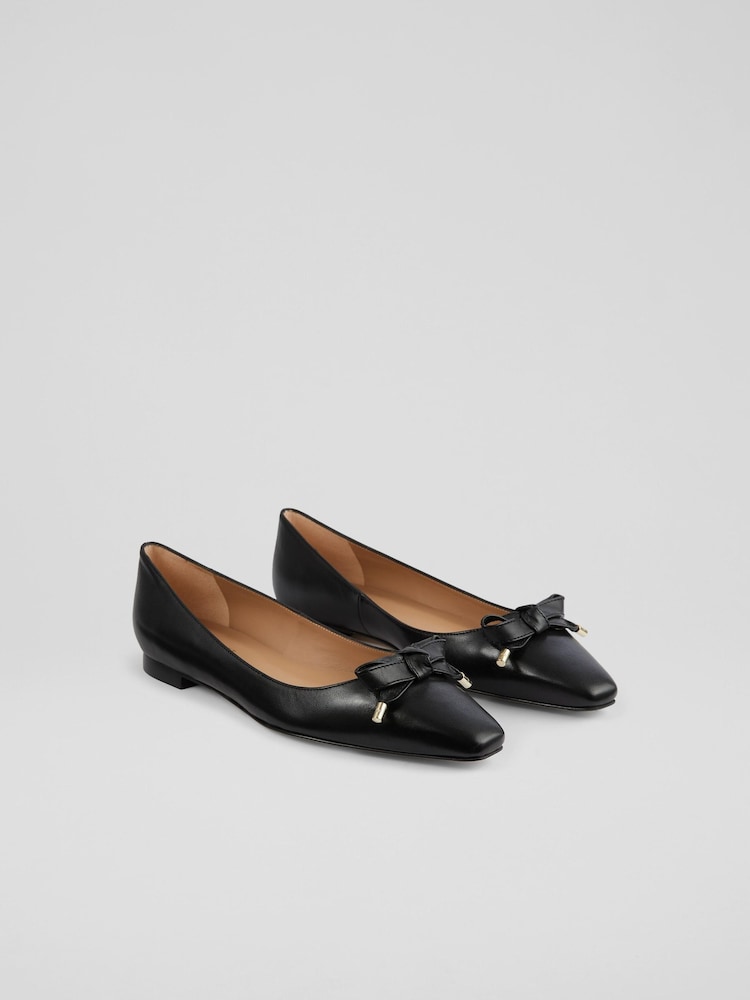 LK Bennett Black Mabel Nappa Leather Eyelet Bow Flats - Image 2 of 4