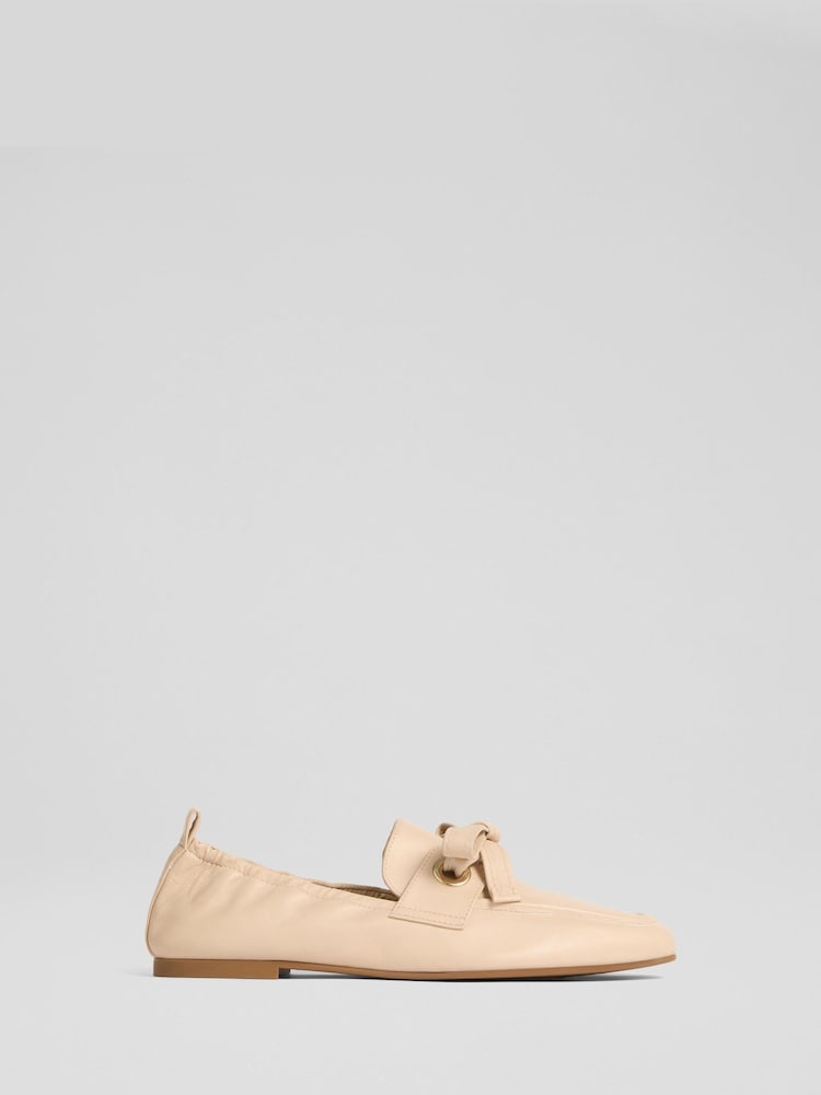 LK Bennett Natural Maude Nappa Leather Eyelet Bow Loafers - Image 1 of 4