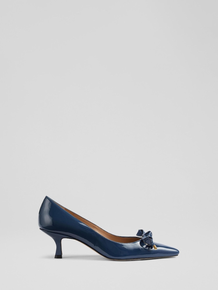 LK Bennett Blue Alma Patent Eyelet Bow Courts - Image 1 of 1