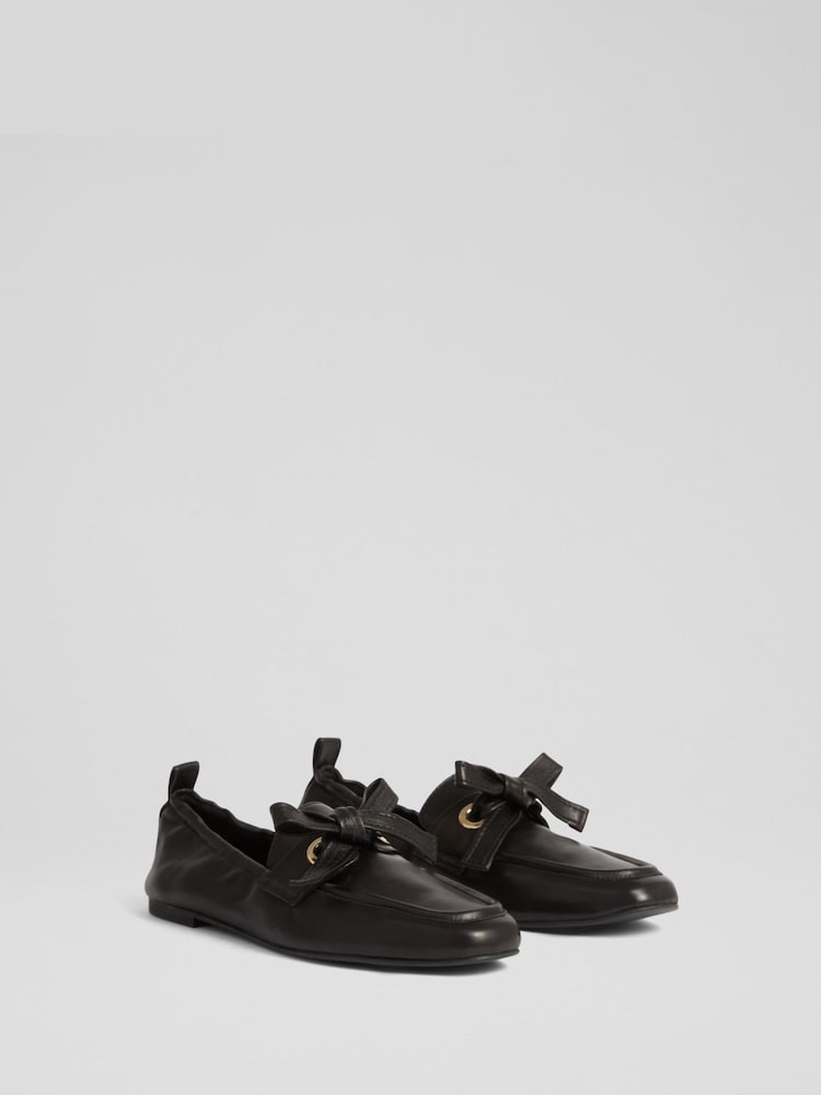 LK Bennett Black Maude Nappa Leather Eyelet Bow Loafers - Image 2 of 4