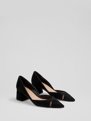 LK Bennett Black Cecile Suede Cut Out Block Heel Courts - Image 2 of 4