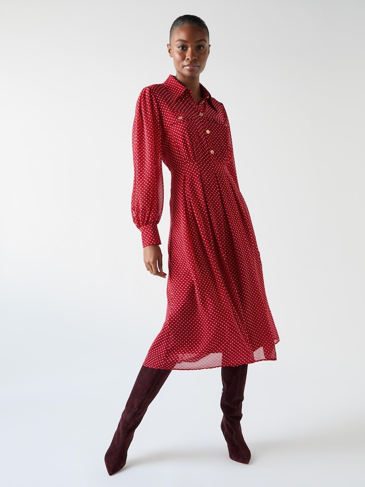 LK Bennett Red Cody Polka Dot Print Pocket Shirt Dress - Image 1 of 4